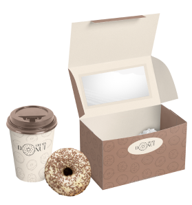 Donut with box and cup